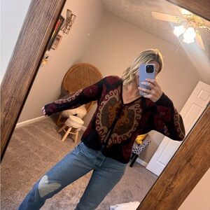 Peruvian Connection Burgundy and Black Cardigan - Vintage Womens Alpaca